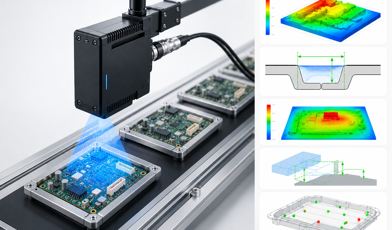 3D laser line inspection of PCBs with depth maps and dimensional measurement overlays