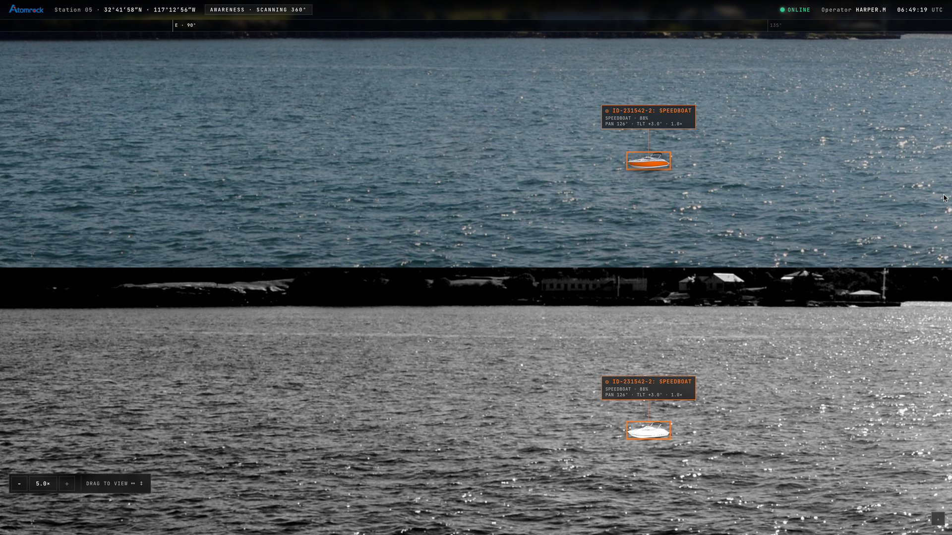 Advanced Defense console: EO/IR dual-sensor target tracking, speedboat locked across visible and infrared at 5× zoom